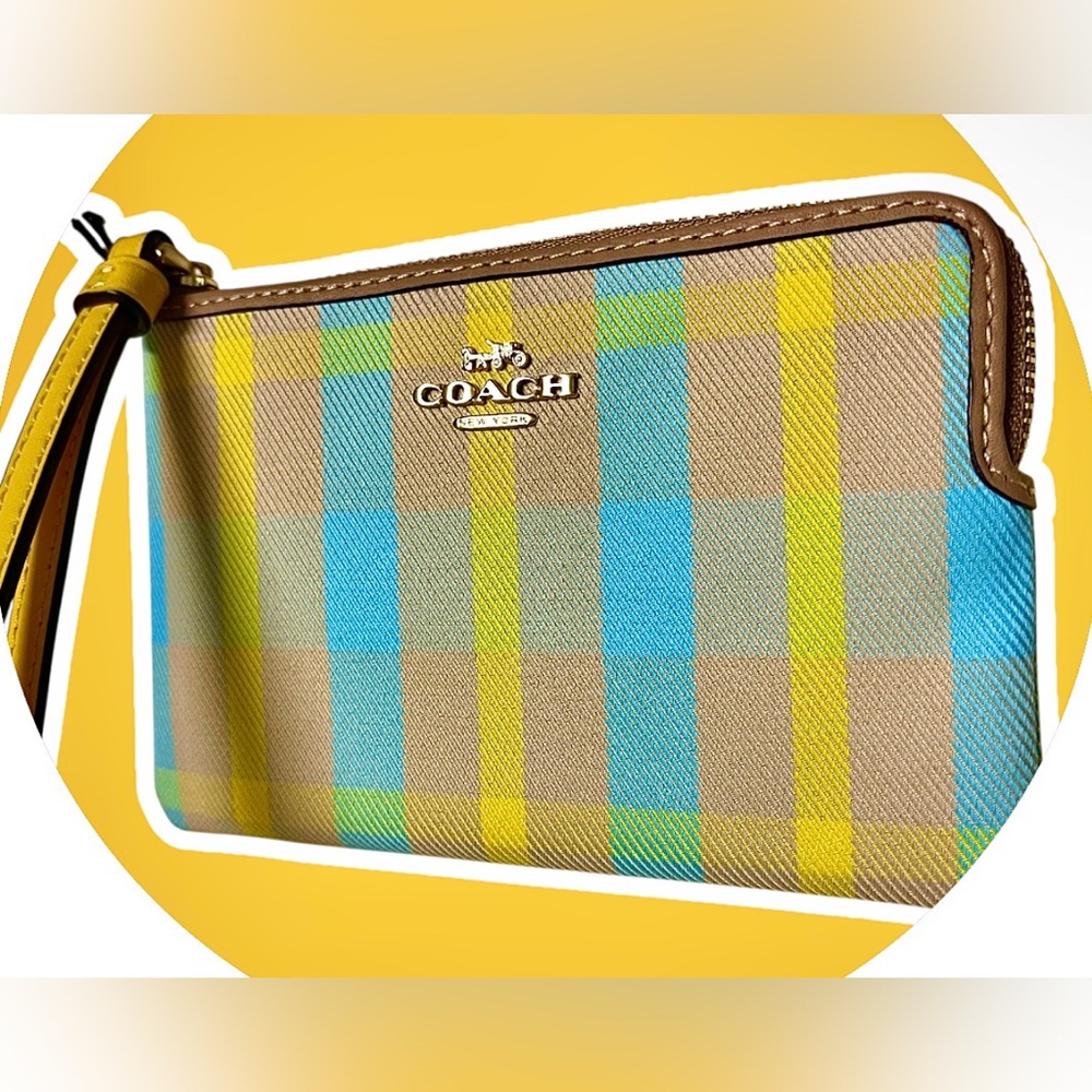 Coach NWT Wristlet Nolita Plaid Bright Maize Coated Canvas/Leather Trim - Picture 2 of 13